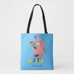 Funny octopus hugs diver cartoon humour tote bag