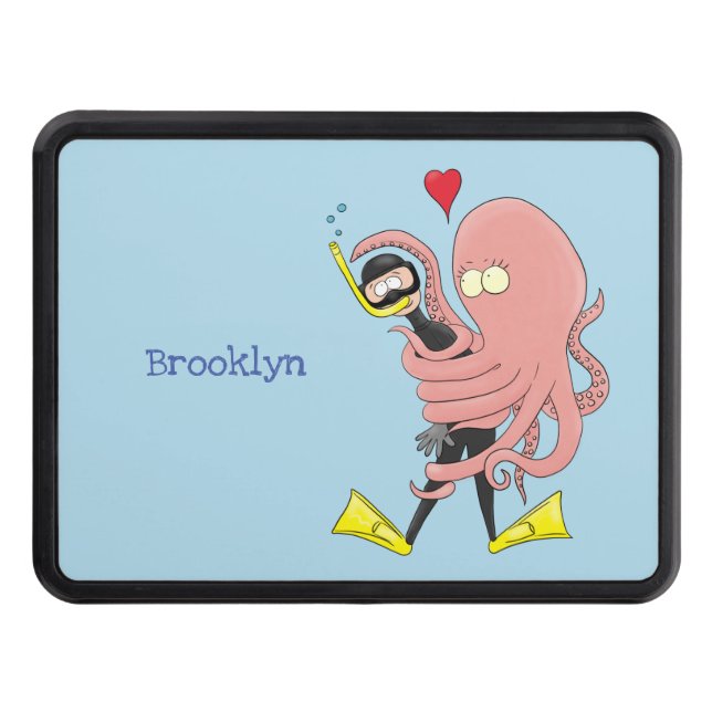 Funny octopus hugs diver cartoon humour trailer hitch cover (Front)
