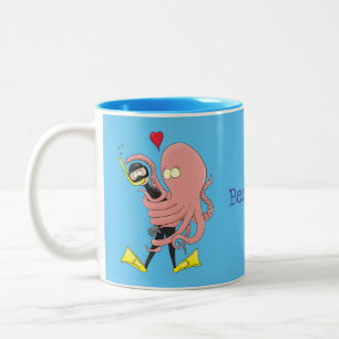 Funny octopus hugs diver cartoon humour  Two-Tone coffee mug