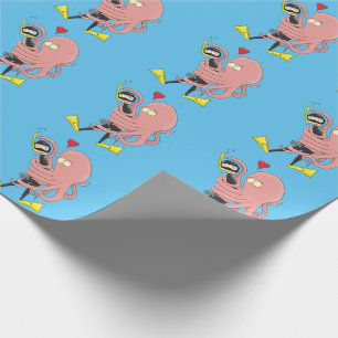 Funny octopus hugs diver cartoon humour wrapping paper