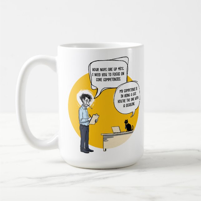 Funny Office Cat Humour Performance Review Meme Coffee Mug (Left)