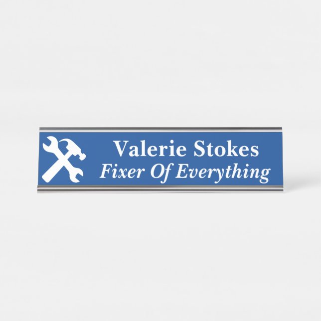 Funny Office Fixer Of Everything Silhouette Blue Desk Name Plate (Front)