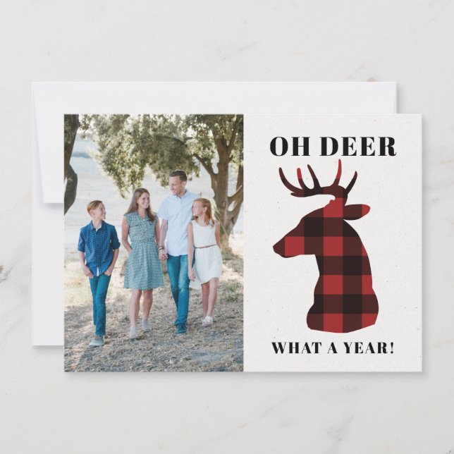 Funny Oh Deer What a Year Buffalo Plaid Photo Holiday Card (Front)