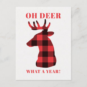 Funny Oh Deer What a Year Red Buffalo Plaid Deer Holiday Postcard