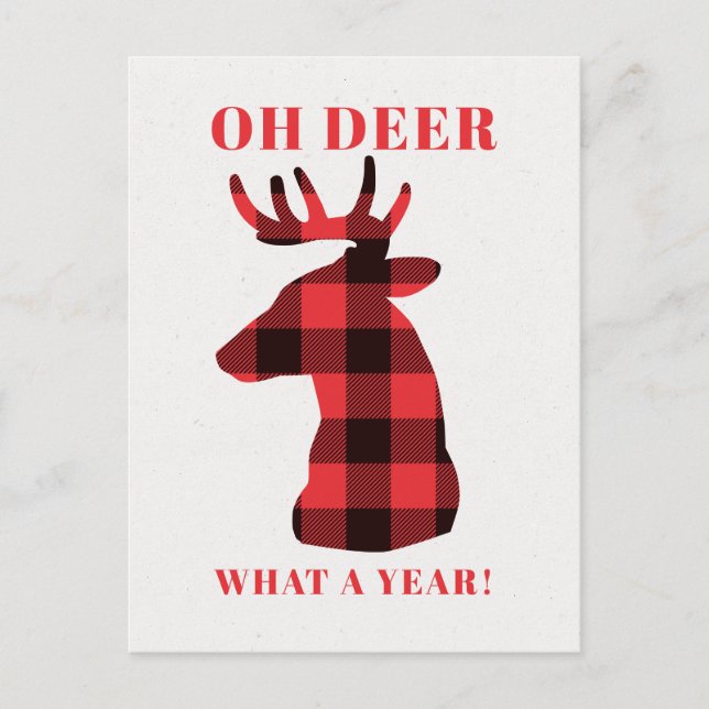 Funny Oh Deer What a Year Red Buffalo Plaid Deer Holiday Postcard (Front)