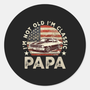 Funny Old Car Clic American Us Flag Mens Dad Papa  Classic Round Sticker