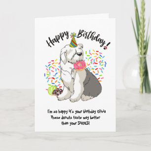 Funny Old English Sheepdog Birthday Card Doughnuts