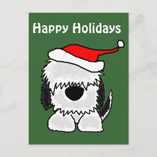 Funny Old English Sheepdog in Santa Hat Holiday Postcard (Front)