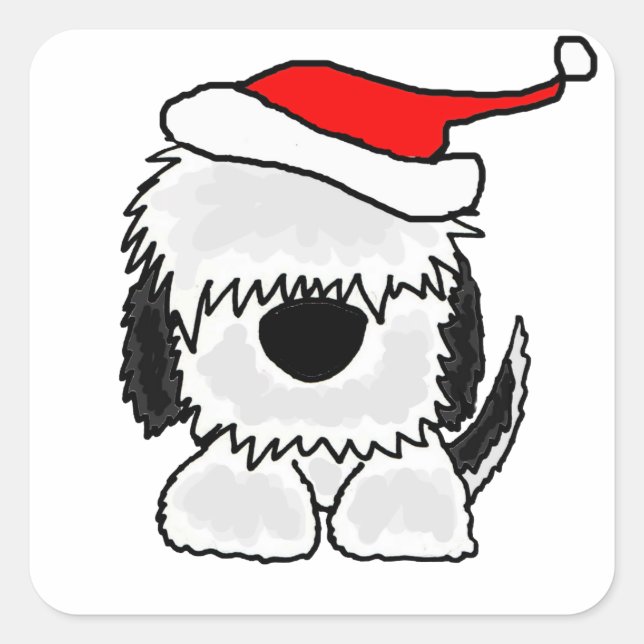 Funny Old English Sheepdog in Santa Hat Square Sticker (Front)