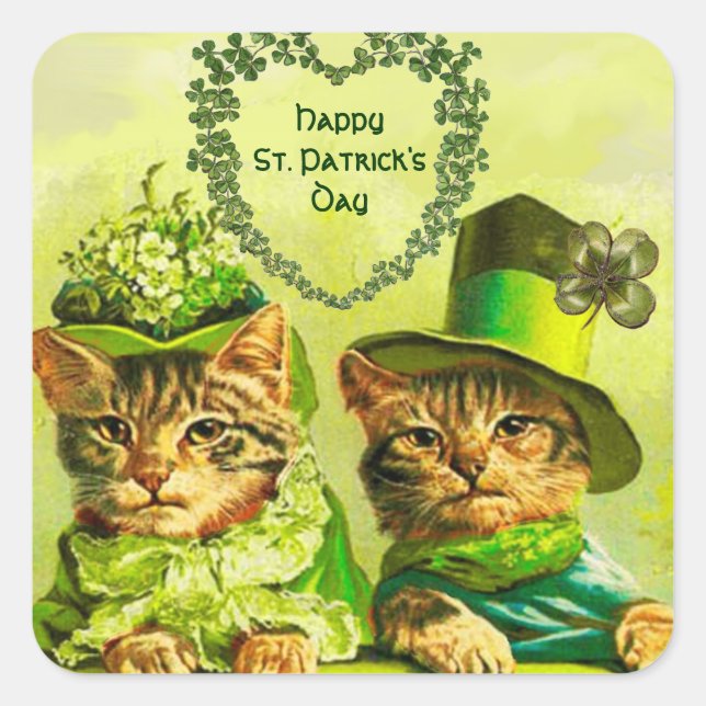 FUNNY OLD FASHION ST PATRICK'S DAY CATS, SHAMROCKS SQUARE STICKER (Front)