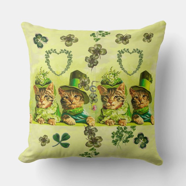 FUNNY OLD FASHION ST PATRICK'S DAY CATS, SHAMROCKS THROW PILLOW (Front)