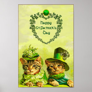 FUNNY OLD FASHION ST.PATRICK'S DAY CATS WITH HEART POSTER