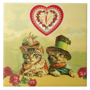 FUNNY OLD FASHION VALENTINE'S DAY CATS,Heart,Roses Tile