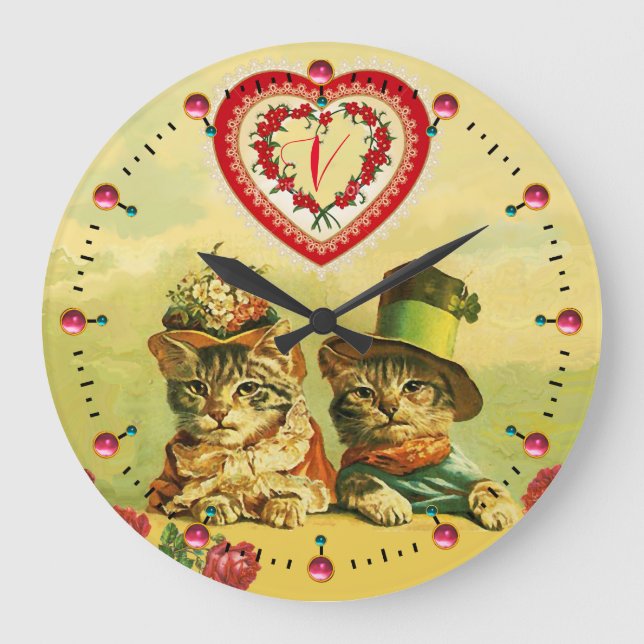 FUNNY OLD FASHION VALENTINES DAY CATS,Hearts,Roses Large Clock (Front)