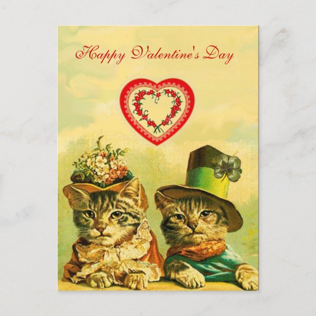FUNNY OLD FASHION VALENTINE'S DAY CATS WITH HEART HOLIDAY POSTCARD (Front)