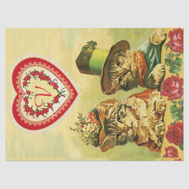 FUNNY OLD FASHION VALENTINE'S DAY CATS WITH HEARTS TISSUE PAPER (Front)
