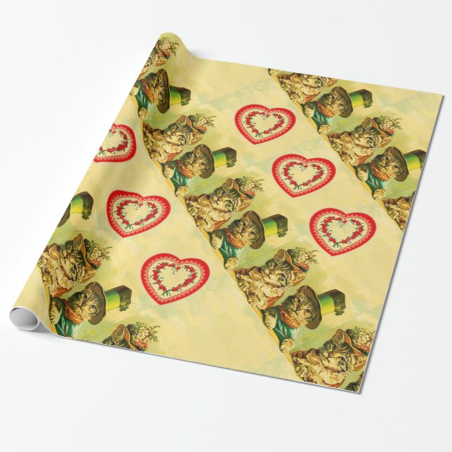 FUNNY OLD FASHION VALENTINE'S DAY CATS WITH HEARTS WRAPPING PAPER (Unrolled)