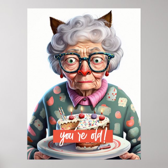 Funny Old Lady with Cat Ears Birthday Poster (Front)