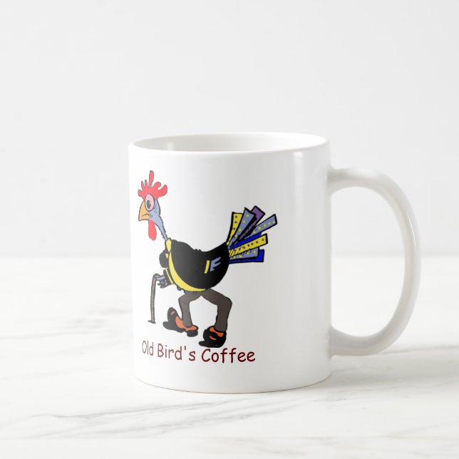 Funny Old Rooster on Mug: "Old Bird's Coffee" Coffee Mug (Right)