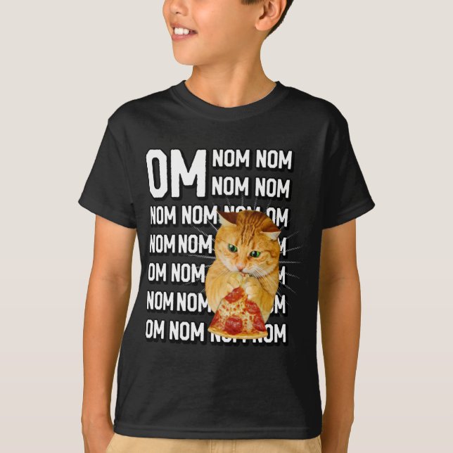 Funny Om Nom Nom Nom Orange Cat Eating Pepperoni P T-Shirt (Front)