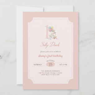 Funny One Silly Duck Pink Bow 1st Birthday Invitation