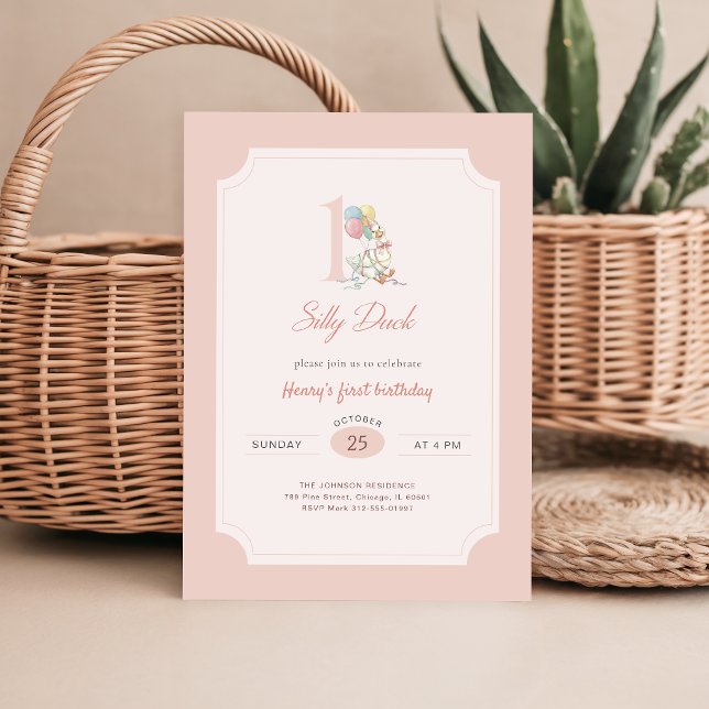 Funny One Silly Duck Pink Bow 1st Birthday Invitation (Creator Uploaded)