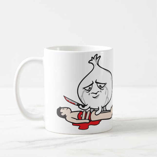 Funny Onion Crying, Cutting Human Coffee Mug (Left)