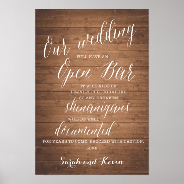 Funny Open Bar Wedding sign | Personalized names (Front)