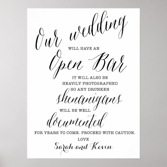 Funny Open Bar Wedding sign | Personalized names (Front)