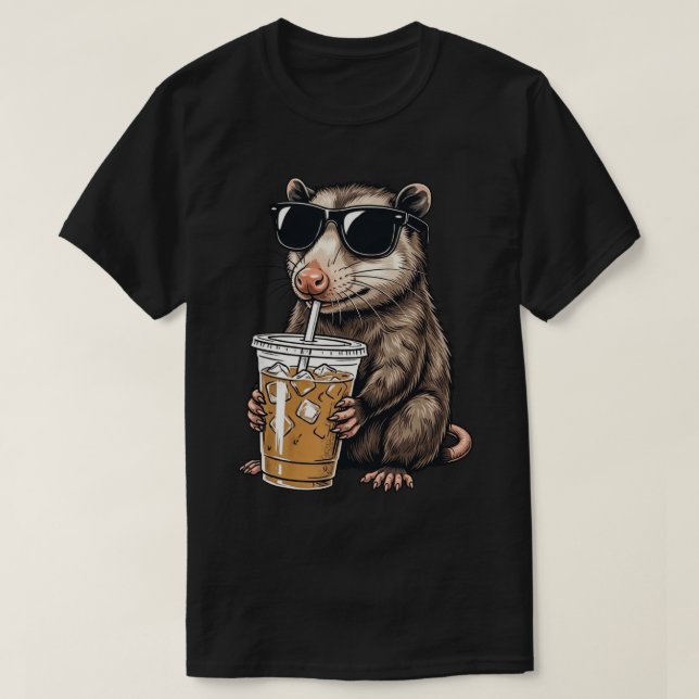 Funny Opossum Cool Possum Drinking Iced Coffee  T-Shirt (Design Front)