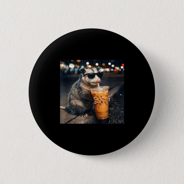Funny opossum drinking iced coffee meme  2 inch round button (Front)