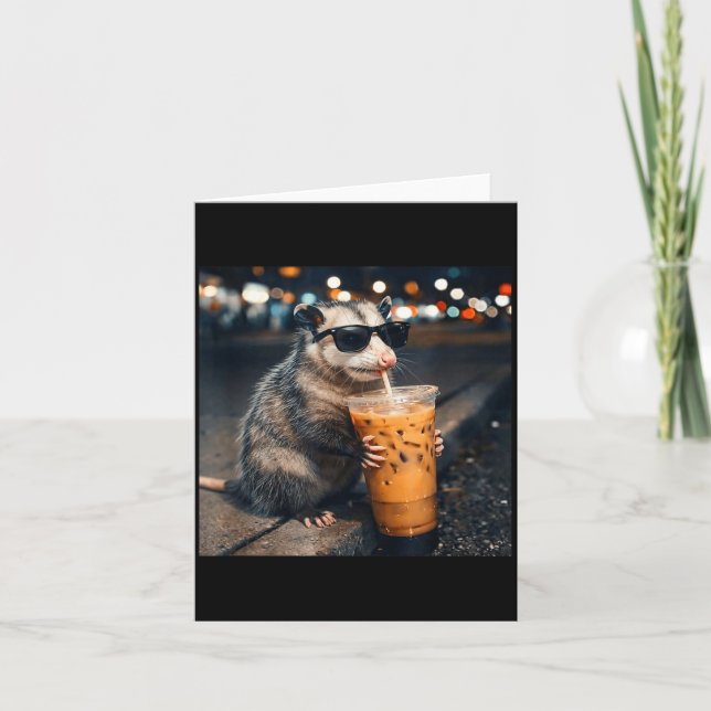Funny opossum drinking iced coffee meme  card (Front)