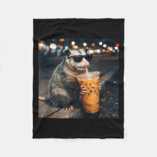 Funny opossum drinking iced coffee meme fleece blanket