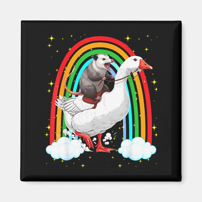 Funny opossum riding goose rainbow chaotic trash magnet (Front)