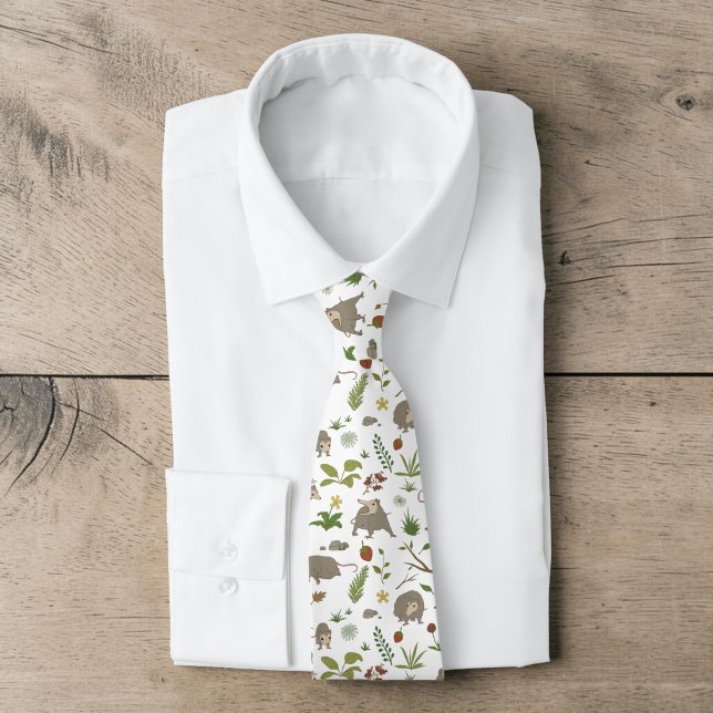 Funny Opossum White Botanical Novelty Tie (Funny opossum novelty necktie with botanical print tied on a folded white dress shirt.)