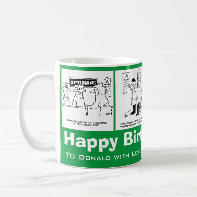Funny Optician Optometrist Cartoons on a Birthday Coffee Mug (Left)