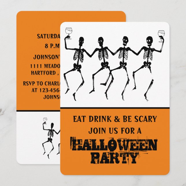 Funny Orange & Black Dancing Skeleton Halloween Invitation (Front/Back)