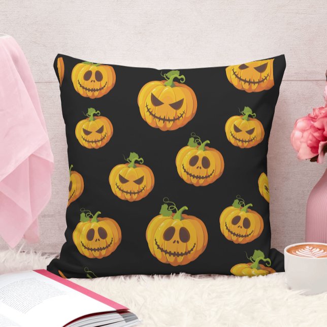 Funny Orange Carved Pumpkin Pattern Throw Pillow (Creator Uploaded)