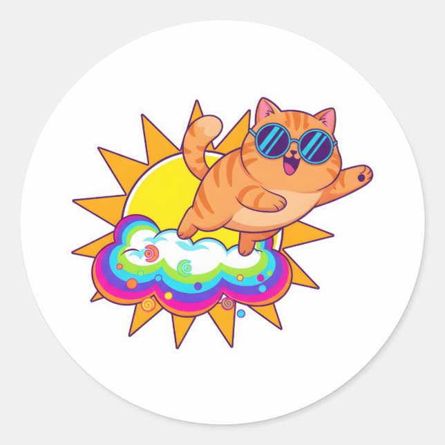 Funny Orange Cat Blep Tongue Out Rainbow Cloud Classic Round Sticker (Front)