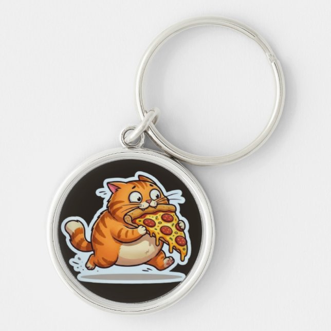 Funny Orange Cat Eating Pizza Graphic Keychain (Front)
