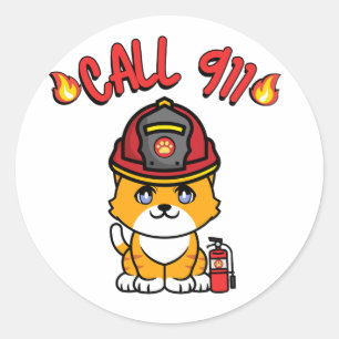 Funny orange cat is a firefighter classic round sticker