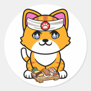 Funny orange cat is a sushi chef classic round sticker
