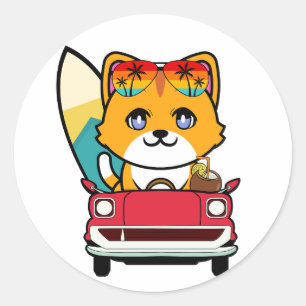 Funny orange cat is driving to the beach classic round sticker