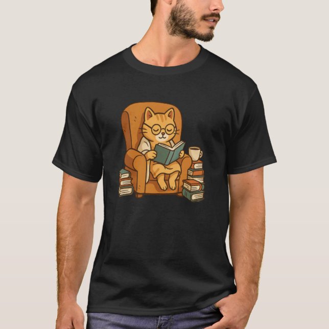 Funny Orange Cat Reading Book T-Shirt (Front)