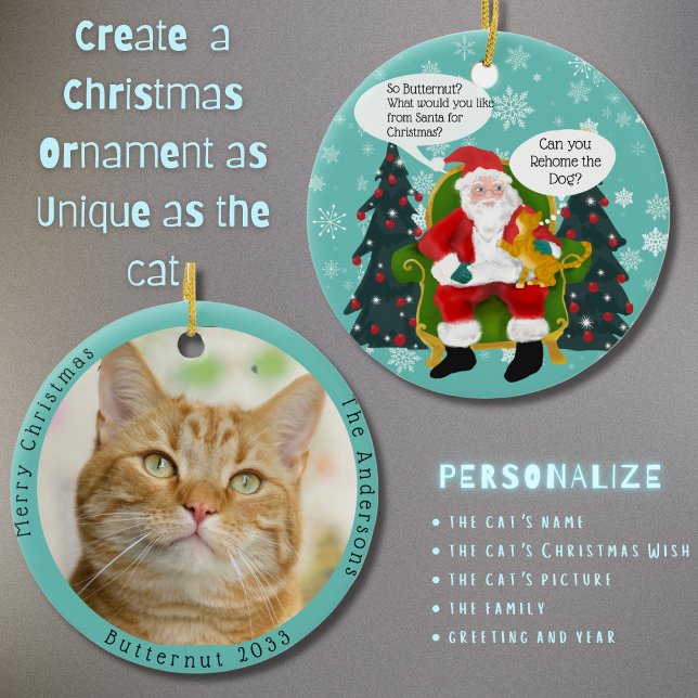 Funny Orange Cat Visits Santa Custom Christmas Ceramic Ornament (Creator Uploaded)