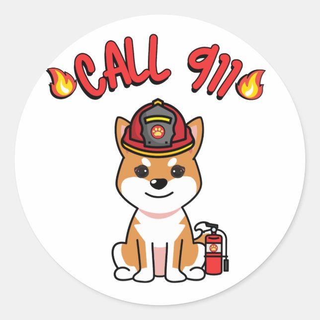 Funny orange dog is a firefighter  classic round sticker (Front)