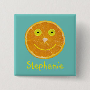 Funny Orange Fruit Smiling Face Kids Name 2 Inch Square Button