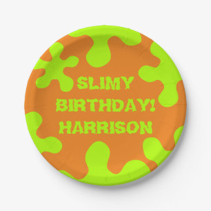 Funny orange green slime custom name birthday paper plate