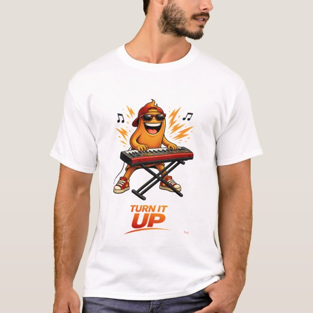 Funny Orange Keyboard Player Character Music T-Shirt (Front)