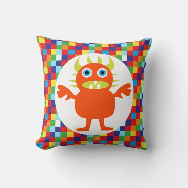 Funny Orange Monster Creature Bright Colour Blocks Throw Pillow (Front)